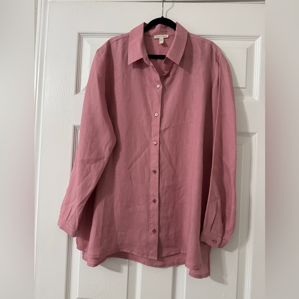 Eileen Fisher Shirt Women S Small Blush Linen Button Front Tunic Top Long Sleeve